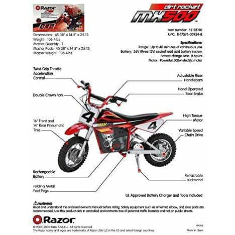 Razor MX500 Dirt Rocket Electric Dirt Bike - 36V 500W variable speed - Image 5